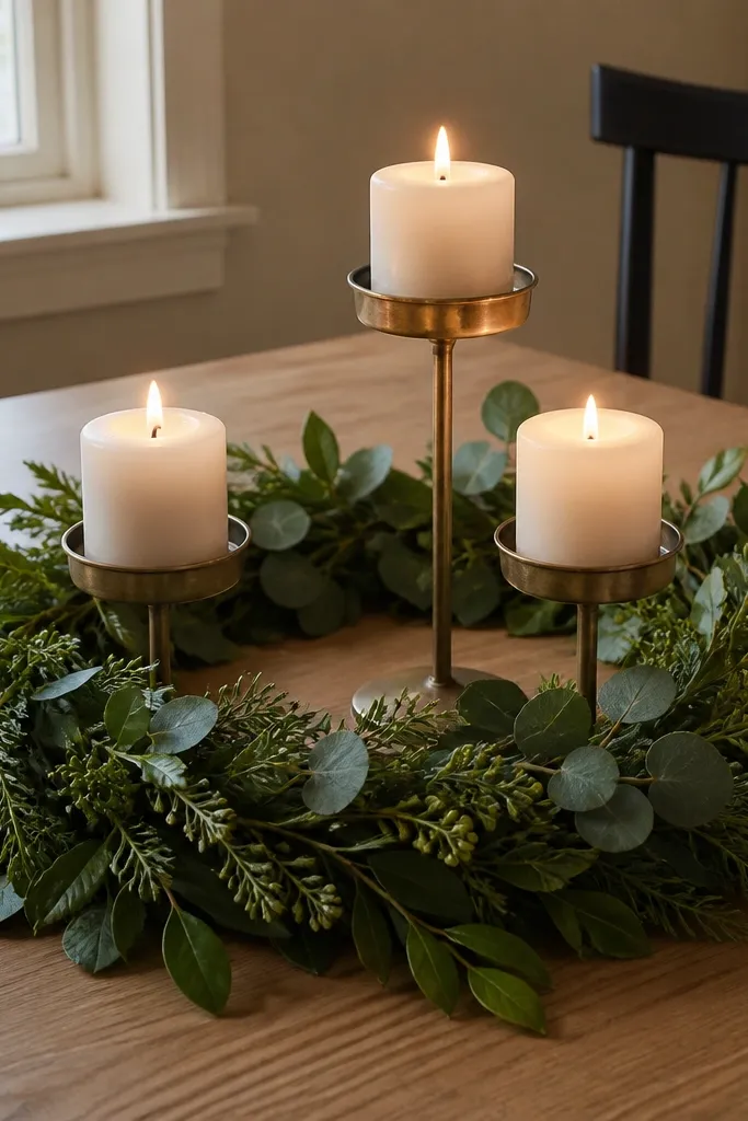 Circular greenery wreath frame with three candle cups inside