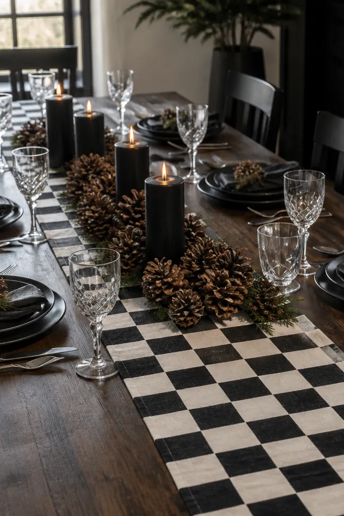 Black-and-white runner with black candles and pinecone clusters