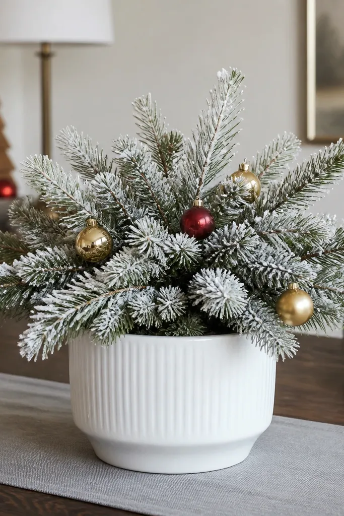 White planter filled with snowy pine branches and scattered ornaments