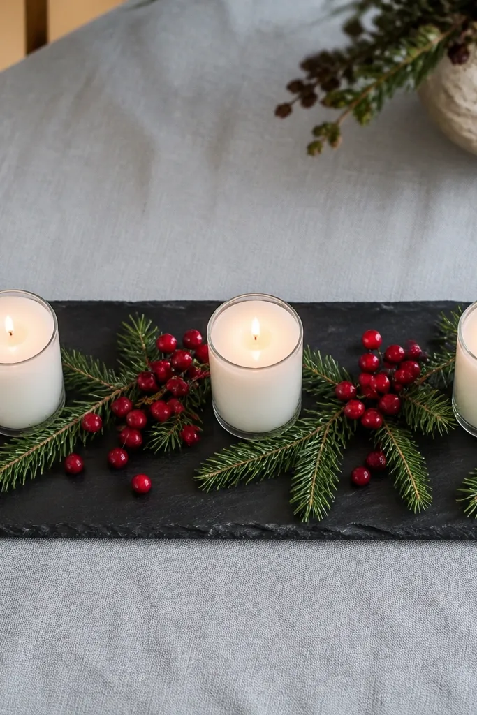 Slate board with three candles, pine sprigs, and cranberry accents