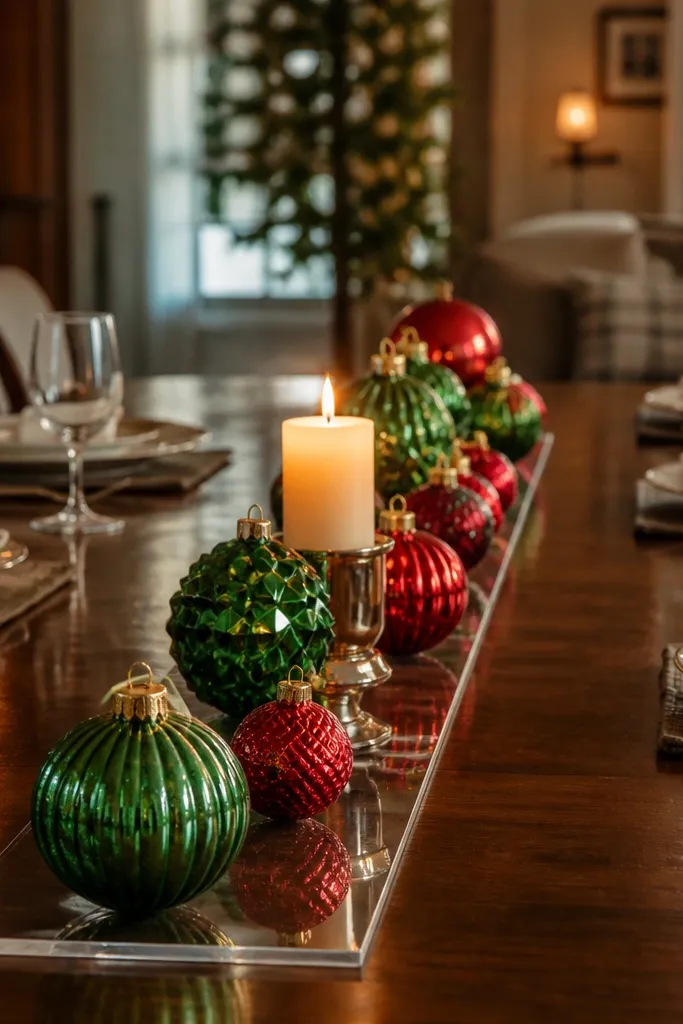 Clear runner with staggered red and green ornaments and a small candle