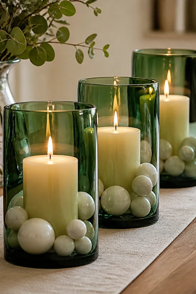 Green glass candle holders with pillar candles and white baubles on a tray
