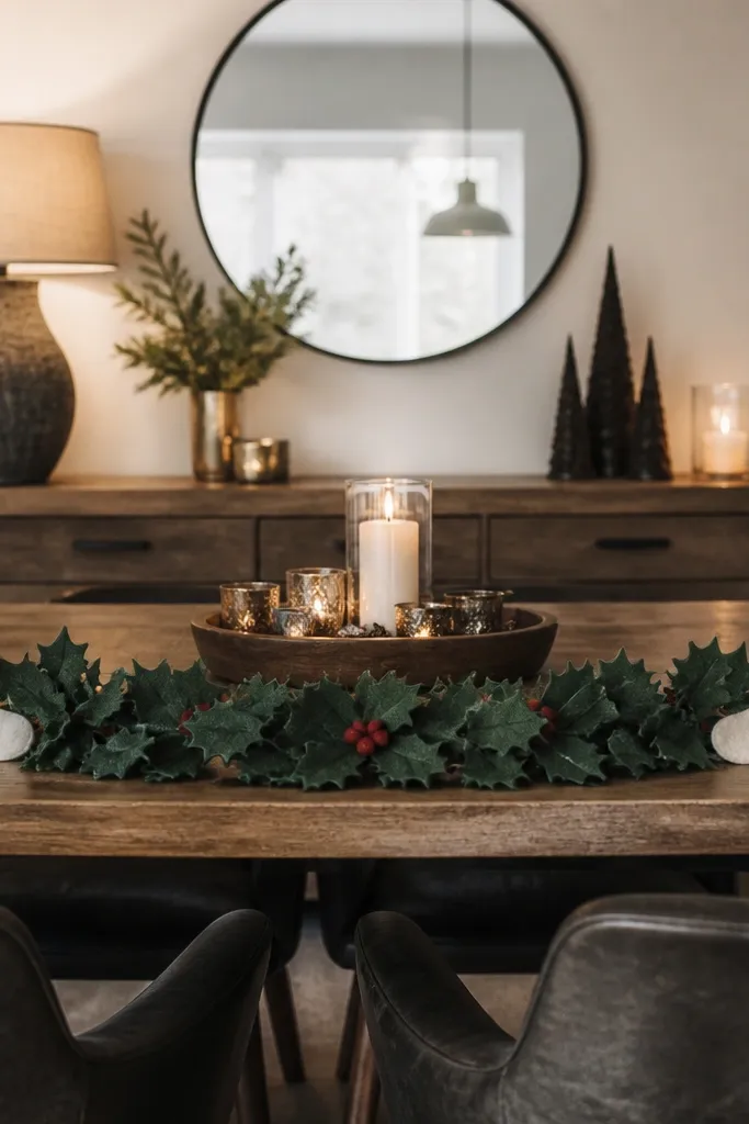 Felt garland across table with two small stockings at opposite ends