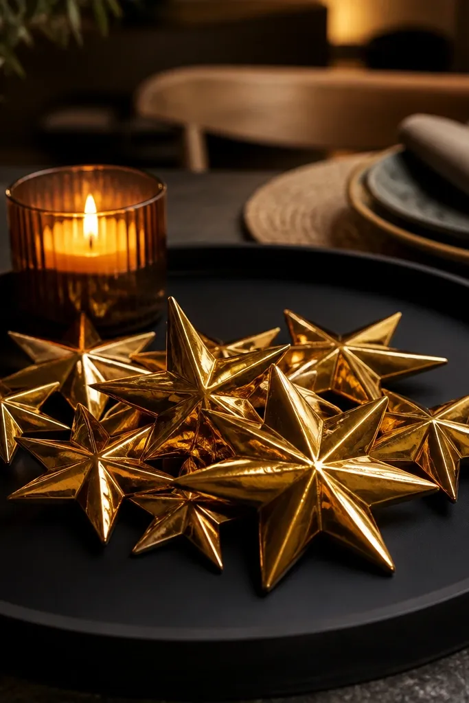 Matte black tray with clustered gold star ornaments and a single candle