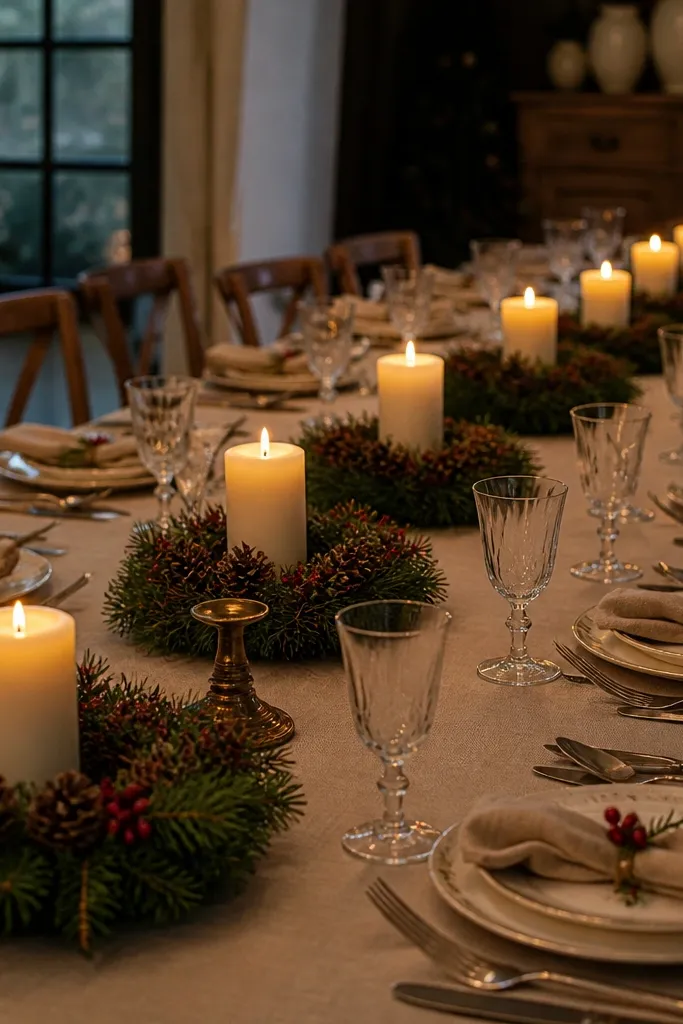 Small wreaths under candles spaced along a long table runner