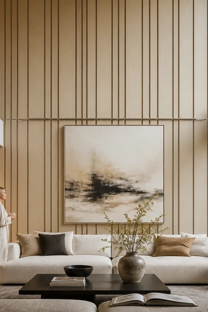 White wall with tall vertical wood slats and a centered metal art rail
