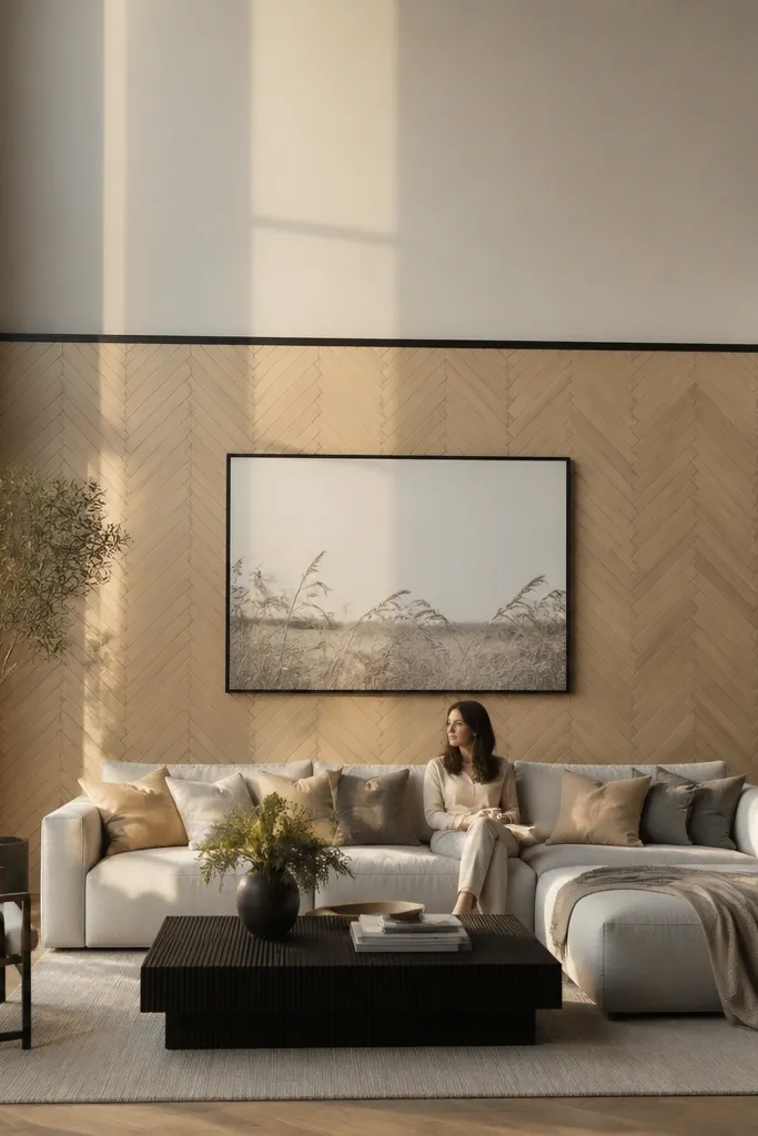Warm wood herringbone pattern on a tall wall with a simple matte paint border