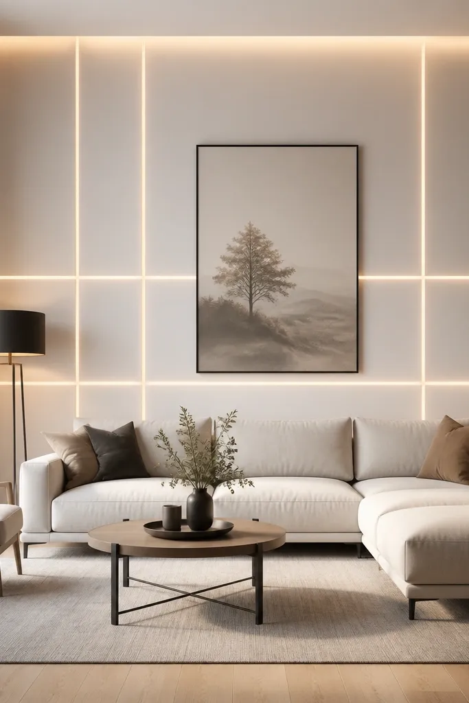 Matte white wall with vertical recessed channels and soft light glow
