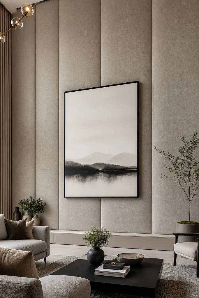 Tall wall covered in soft fabric panels with vertical seam lines
