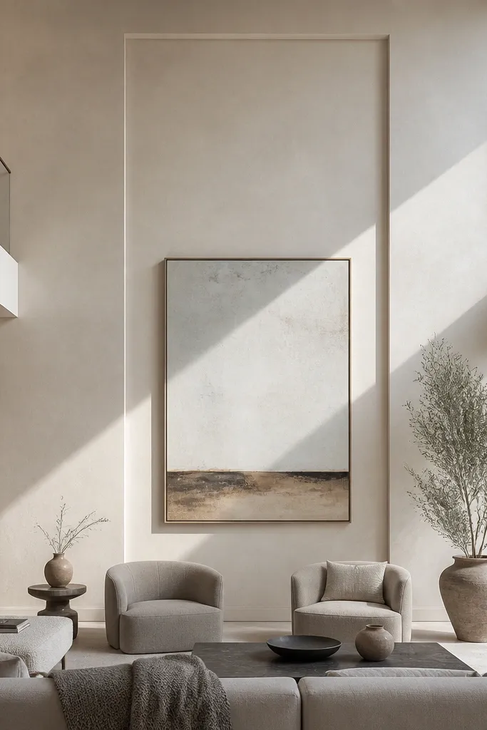Soft limewash wall texture with a crisp geometric recessed outline