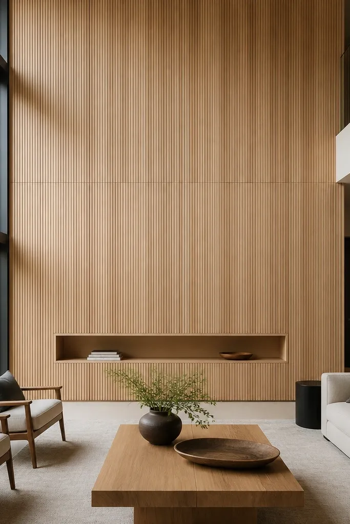Vertical wood slat wall with a rectangular niche at bench height