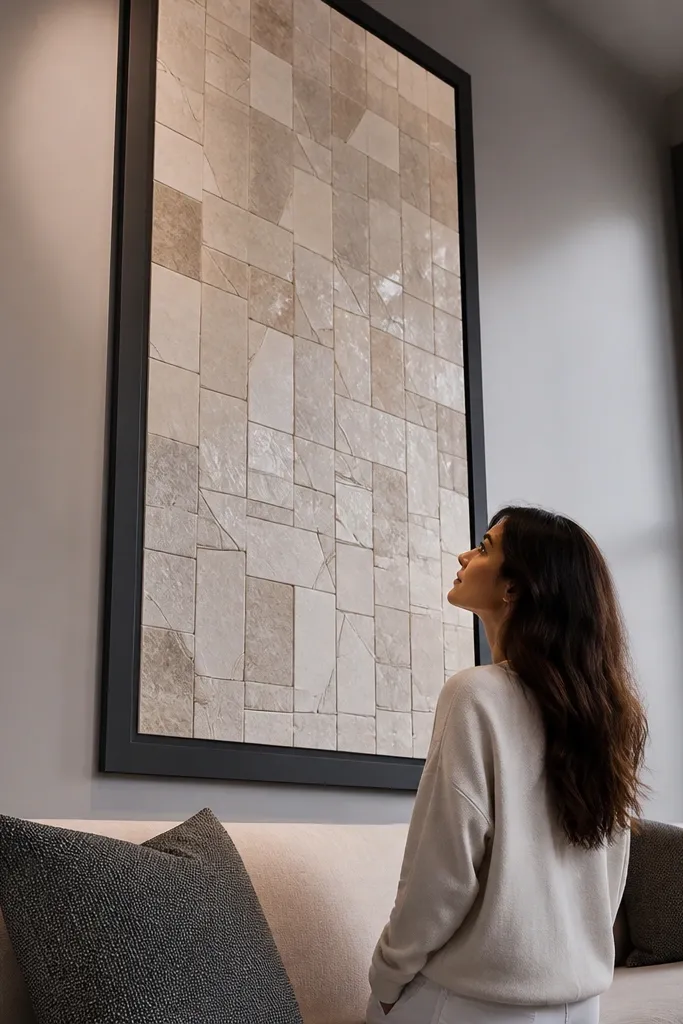 Tall framed mosaic panel with stone-look tiles on a living room wall