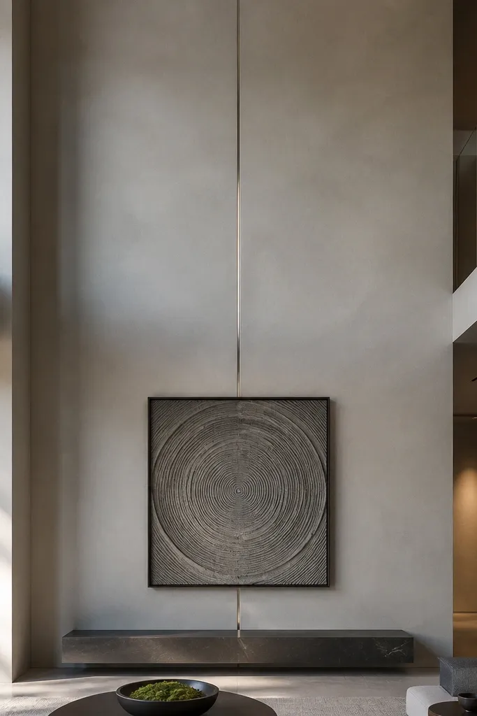 Smooth microcement wall with one thin vertical metal strip