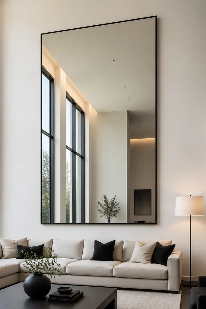 Large wall mirror with thin black frame on a tall living room wall