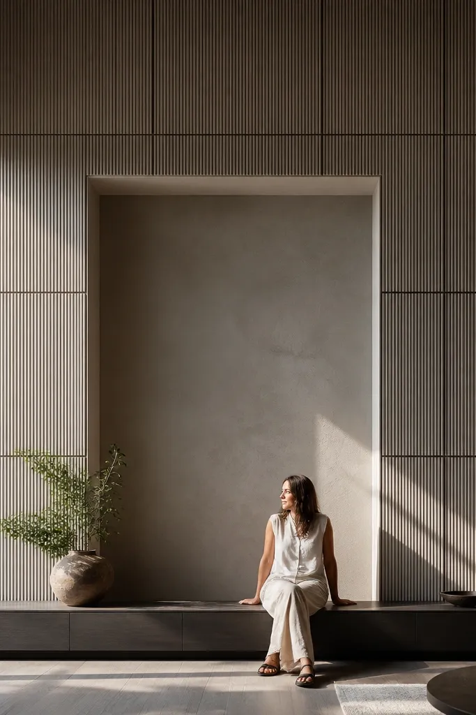 Tall wall with a recessed alcove and stacked acoustic panels around it