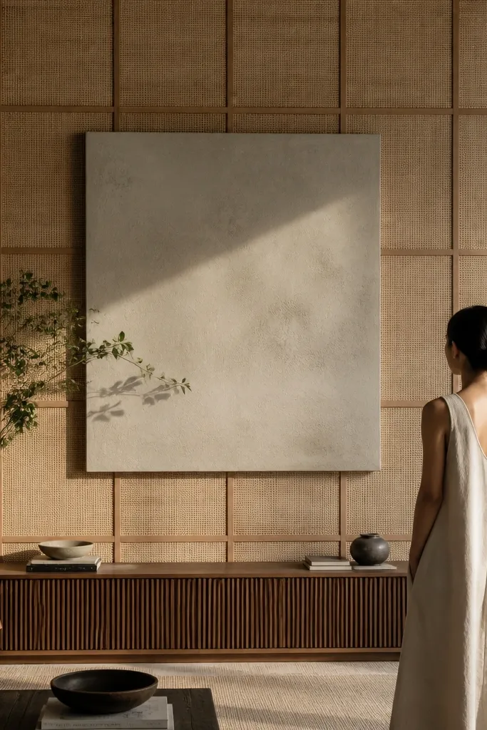 Tall wall with cane webbing panels and a centered matte art block