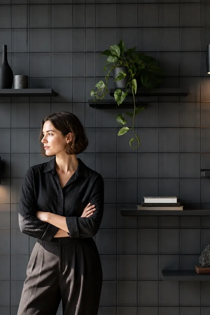 Black metal grid wall with slim shelves and small wall lights