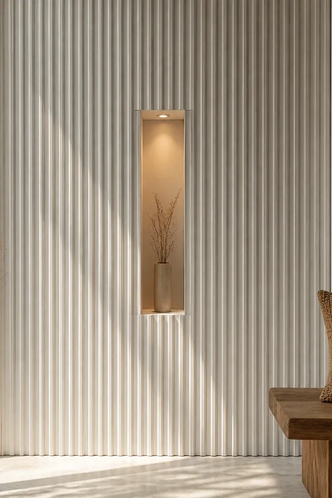 White fluted vertical panels with a small central recessed spotlight niche