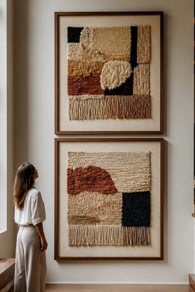 Two large framed textile artworks stacked on a tall wall with matching frames