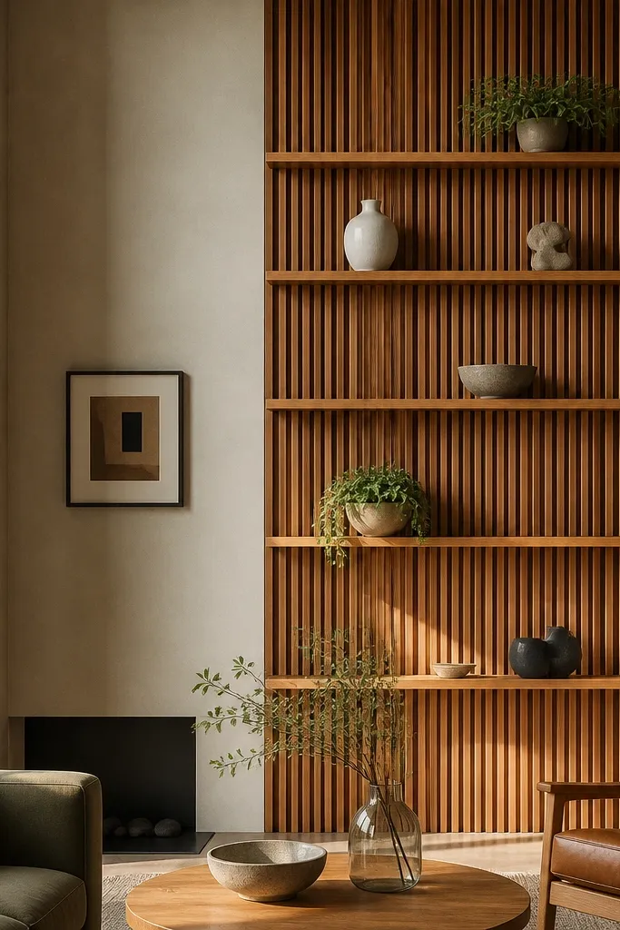 Tall ladder-like wood slat wall with a few open shelves