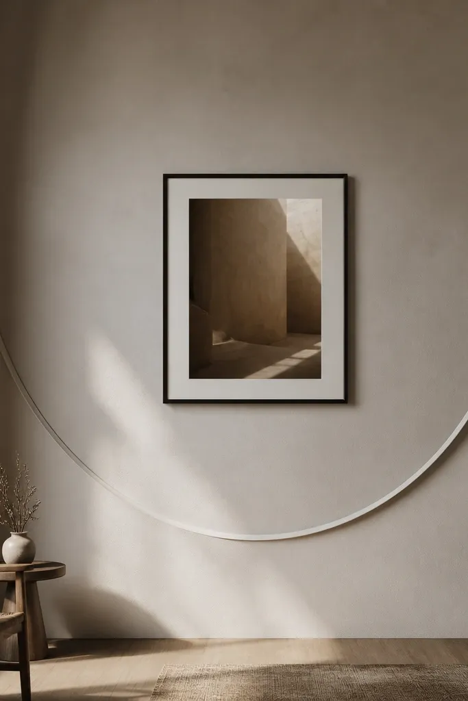Tall wall with a curved raised plaster ribbon and one centered framed art