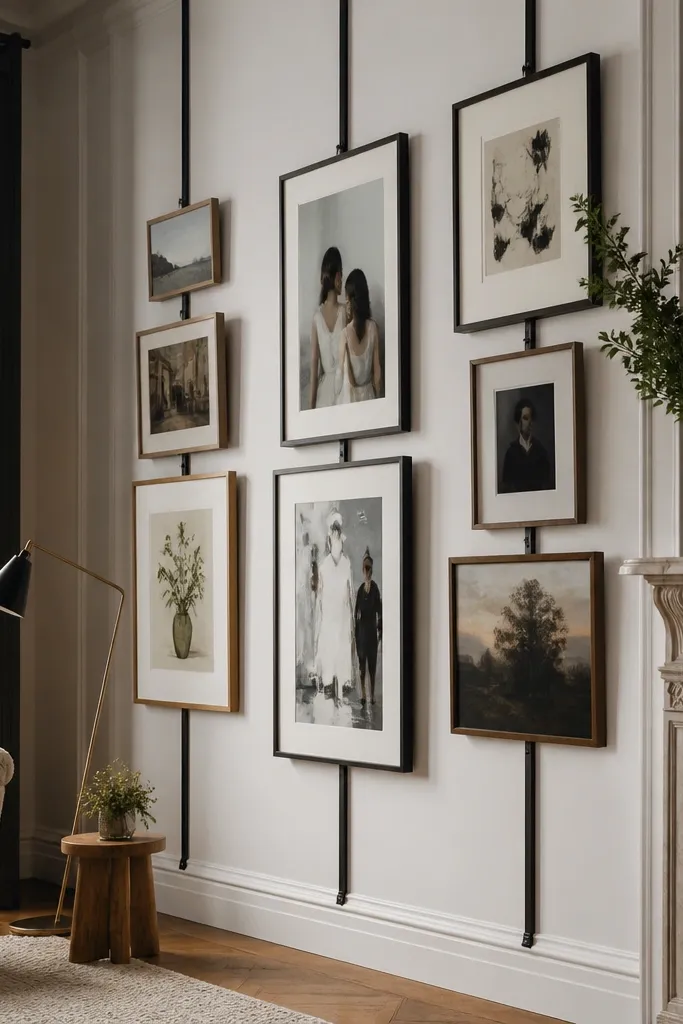 Matte black vertical picture rails holding frames across a tall wall