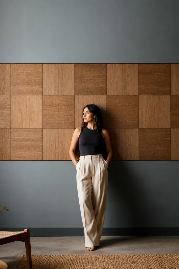Tall wall with a centered wood veneer checkerboard band and painted borders