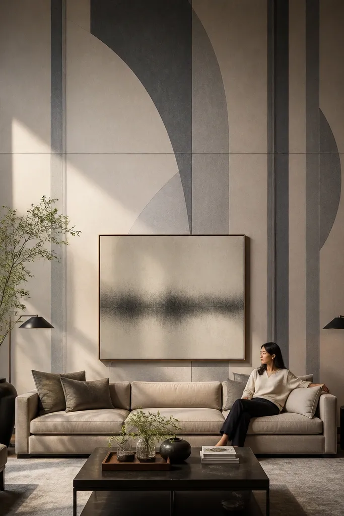 Tall wall with large geometric panels in muted colors and matte finish