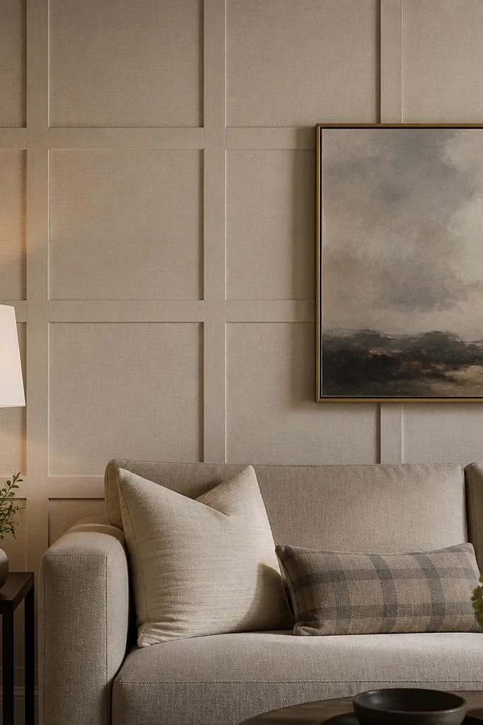 Textured panel wall in warm beige behind a sofa with matching framed art