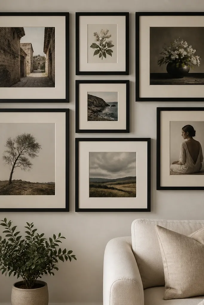 Clean grid of frames in walnut and black with botanical prints on a cream wall