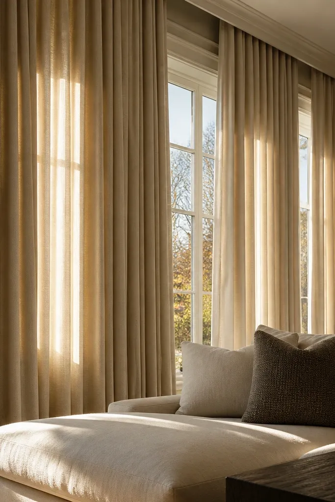 Cream floor curtains hung near the ceiling with visible folds and a soft sheen