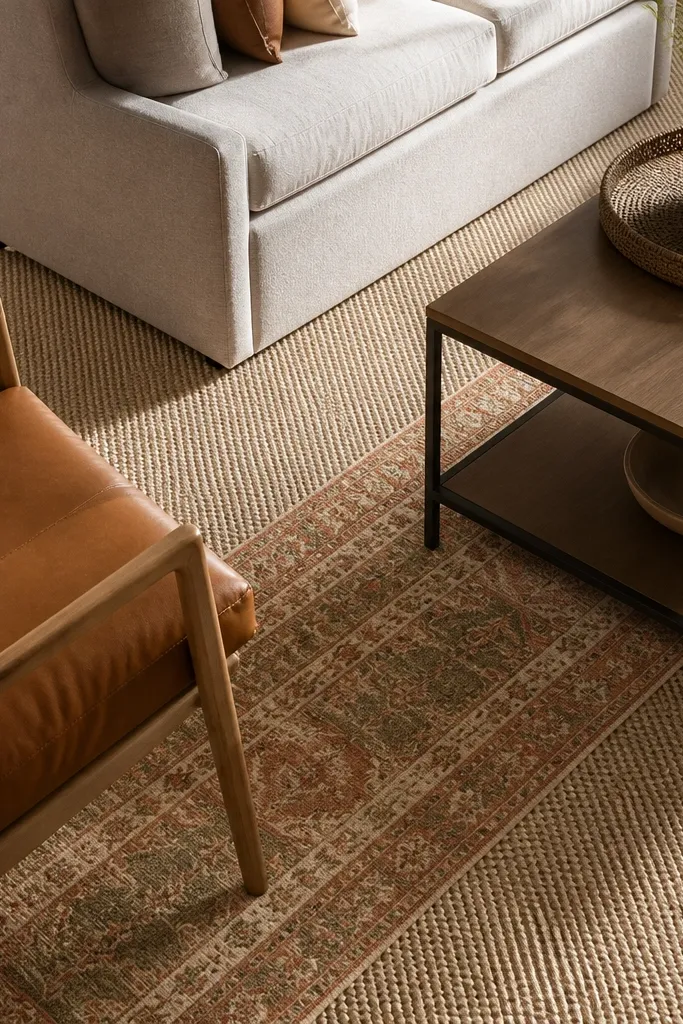 Layered rugs: neutral flatweave under a small patterned runner in front of the sofa