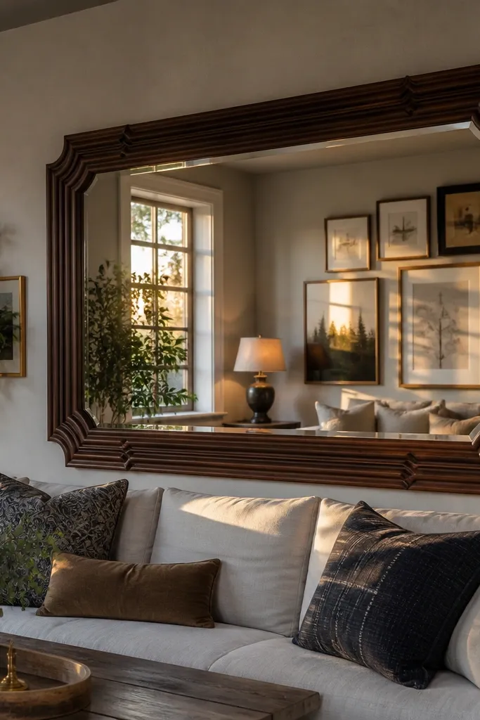 Large mirror with warm wood-look frame reflecting soft lamp light