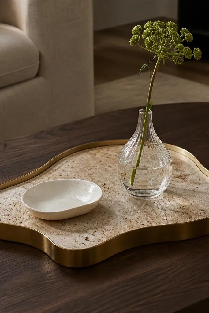 Brass tray with stone-like surface on a coffee table with a candle and vase