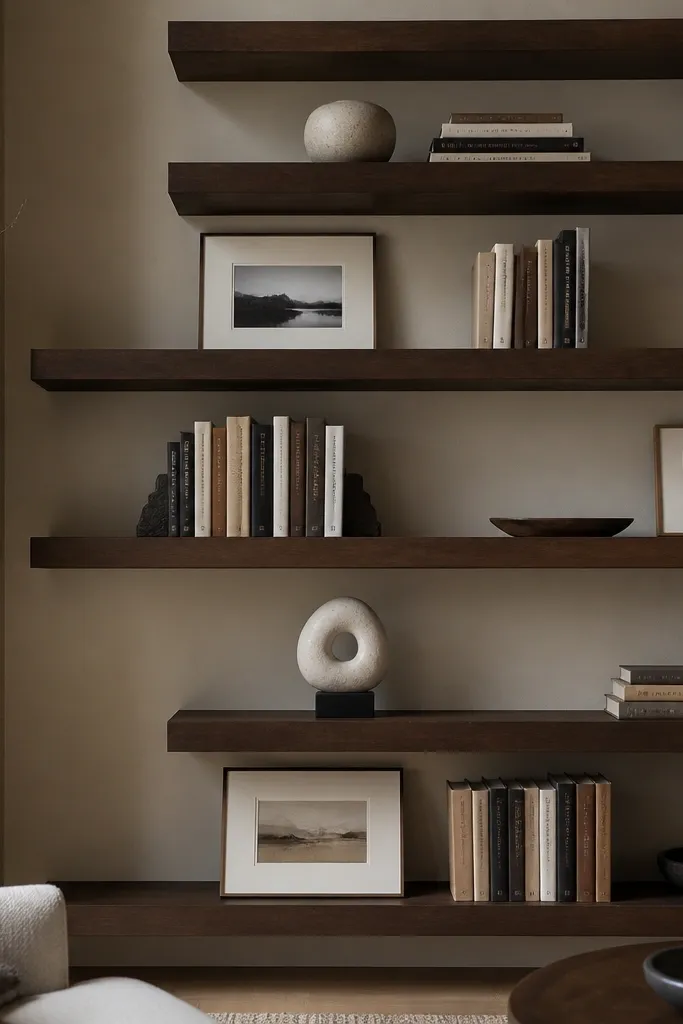 White stair-step floating shelves with books and small framed photos