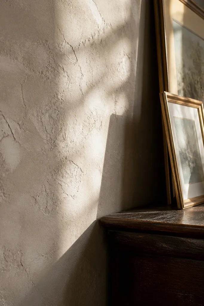 Warm greige plaster-effect wall with soft shadow texture