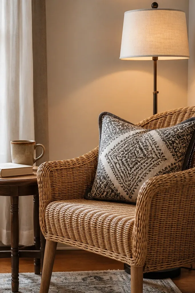 Rattan chair in a corner with a warm lamp and layered cushions
