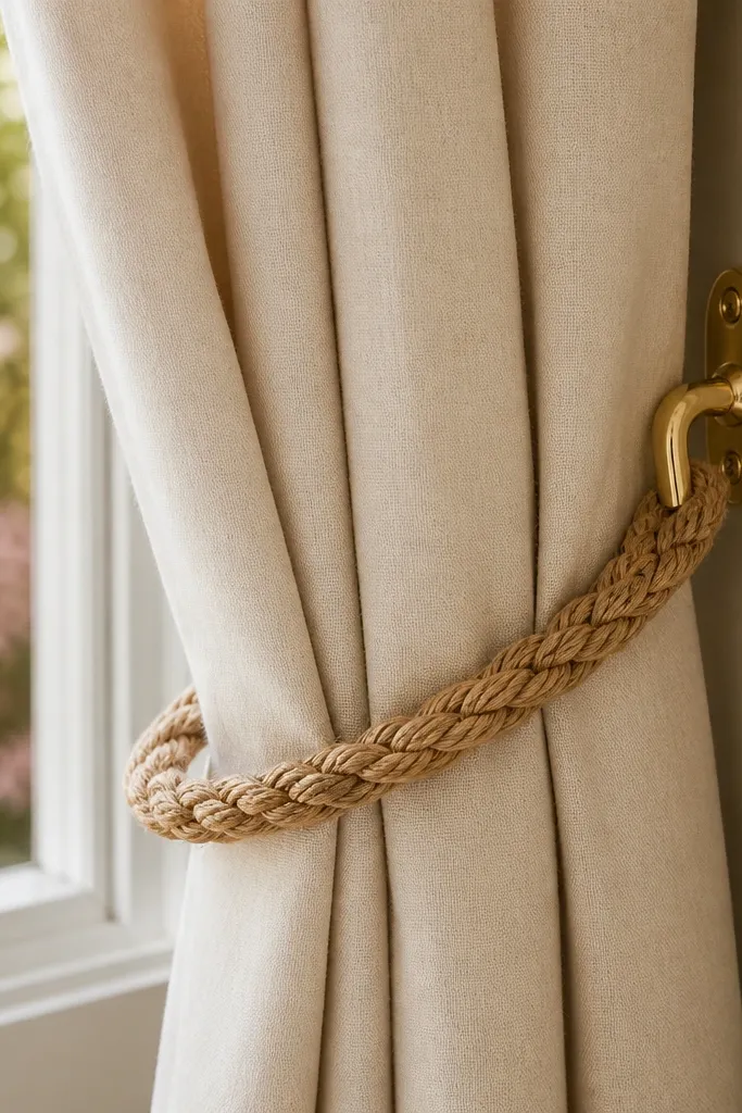 Braided rope curtain tiebacks holding cream curtains to the side