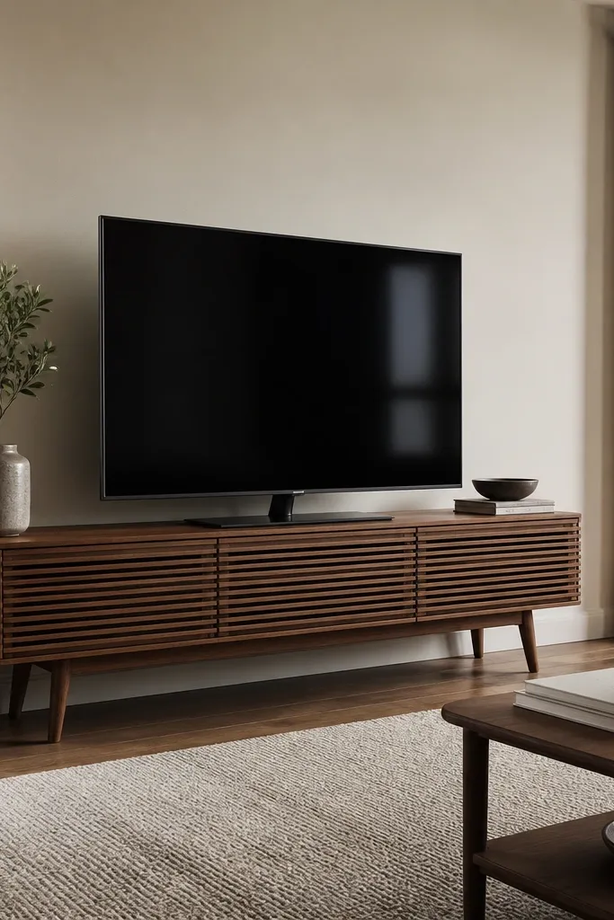 Warm wood floating console with slatted doors and cable-free surface