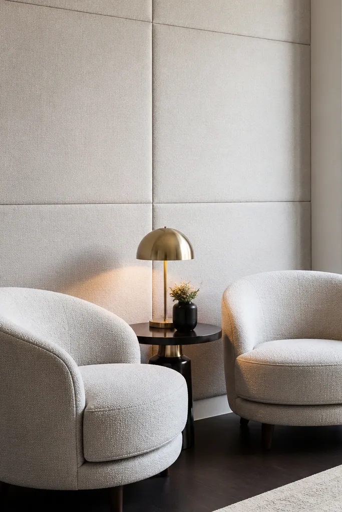 Square fabric upholstered wall panels behind an armchair with warm lighting