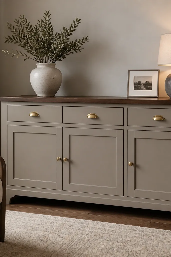Two-tone sideboard: matte painted body with a darker top and brass handles