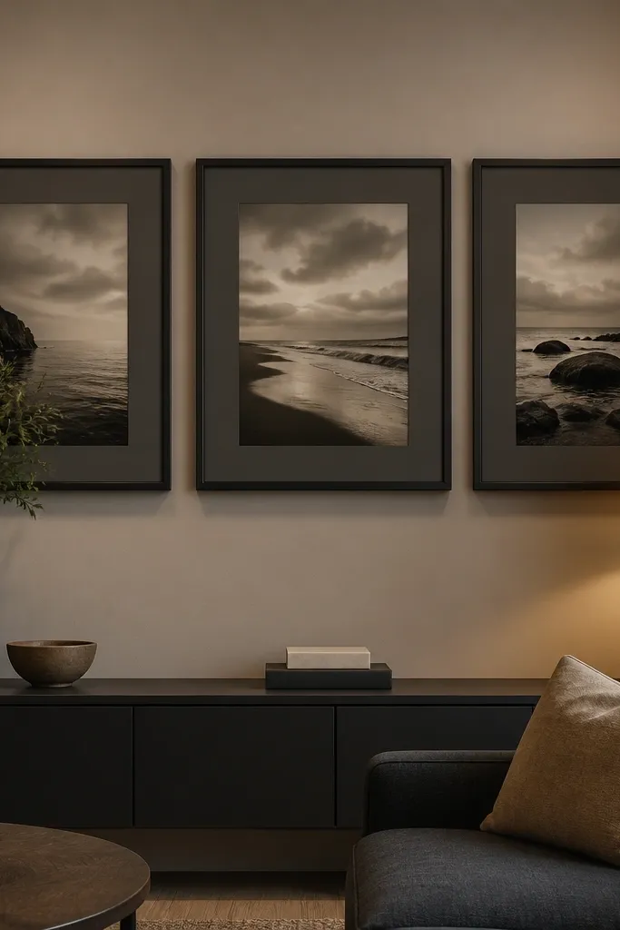 Three matching matte-framed artworks in a row above a console