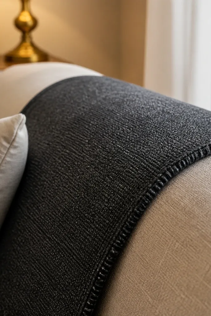 Folded throw blanket with visible stitched edge draped over the sofa back