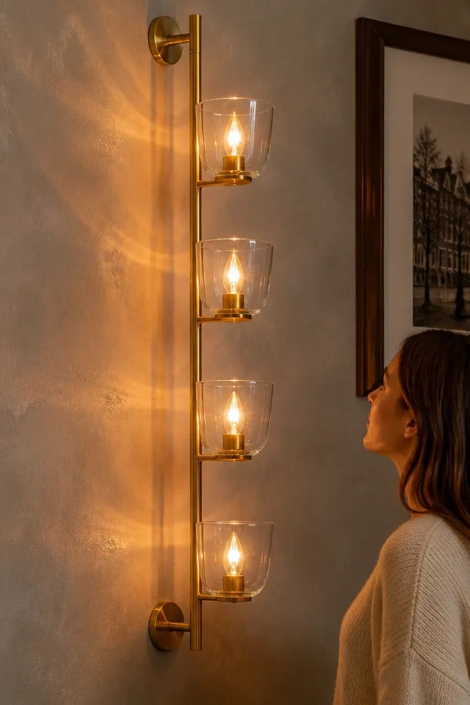 Small wall rail holding glass candle cups with warm light glow