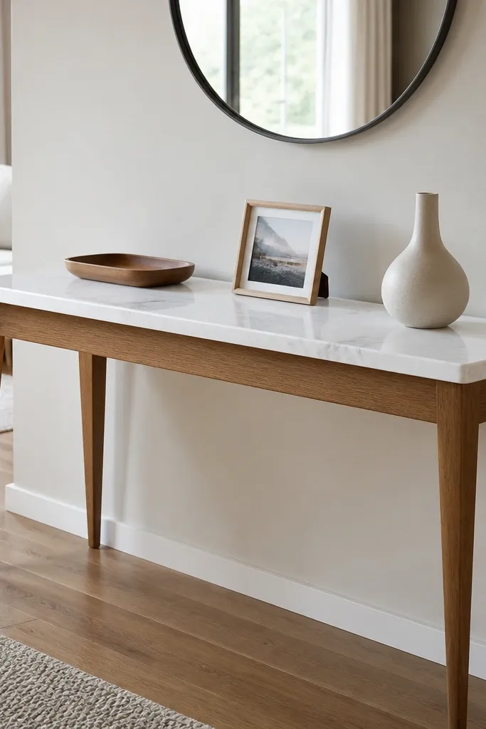 Slim console table with marble-look top and tapered legs with decor objects