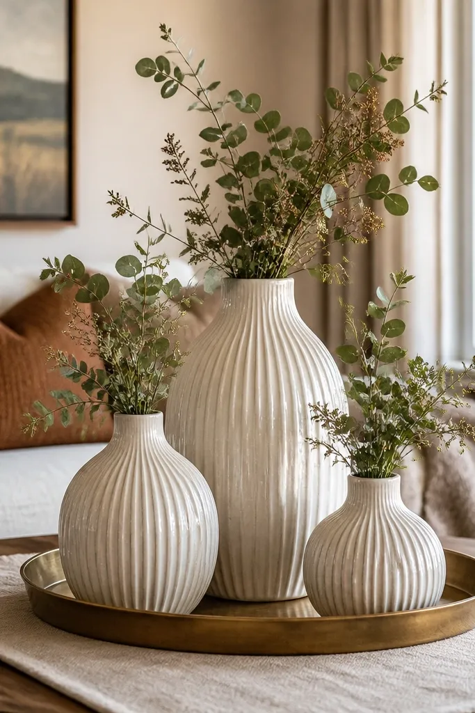 Three ribbed ceramic vases in neutral tones grouped on a side table