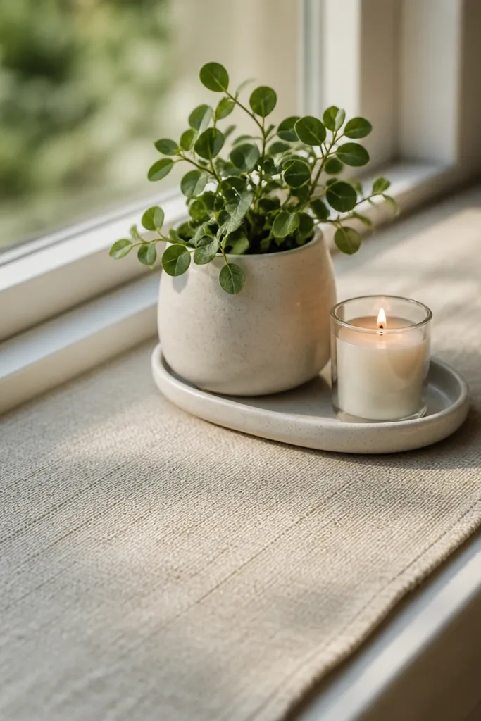 Linen runner on a window sill with small plant pots and a candle