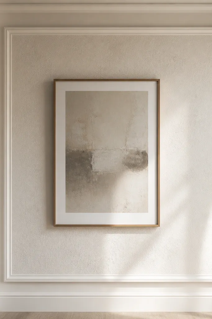 White rectangular wall molding frame with a textured inner panel and art