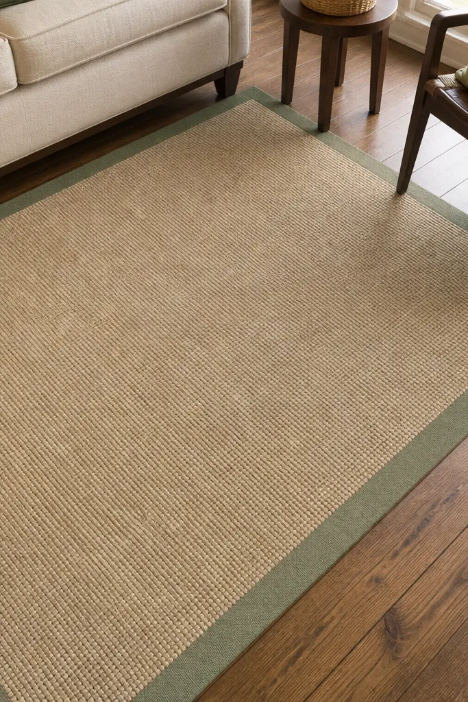 Neutral rug with a crisp painted border in a muted color