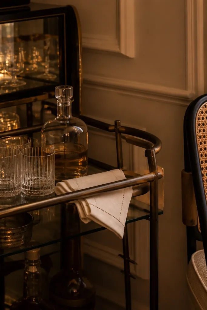 Bar cart in the corner with mirrored back and warm string lights